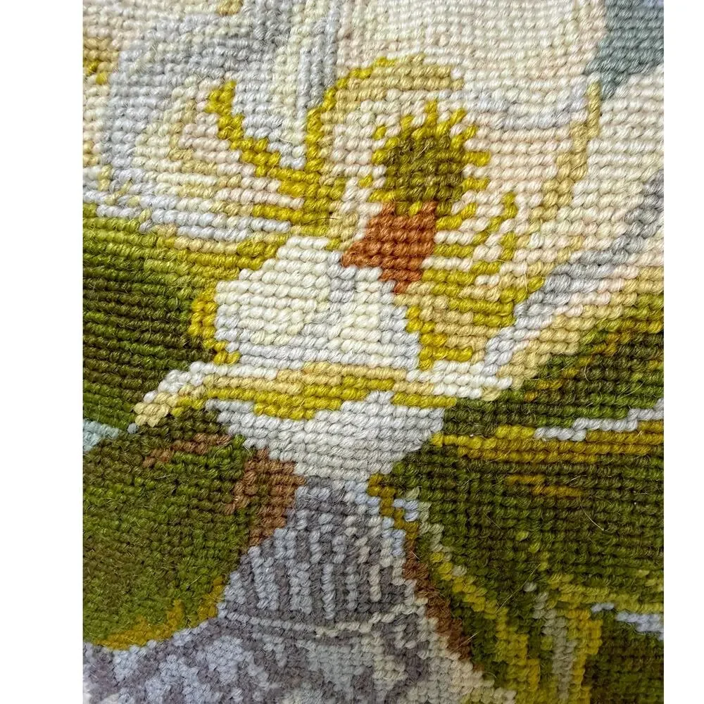 Vintage Needlepoint Pillow 14x14 Floral Botanical Velvet Back Zipper Cottage